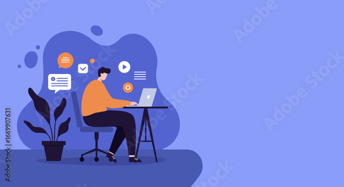 Professional illustration of a man working remotely on a laptop, surrounded by digital communication and productivity icons. Ideal for business, technology, and lifestyle concepts.