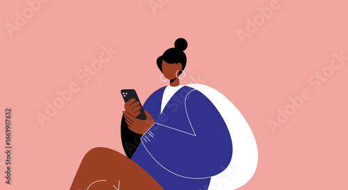 Modern young woman uses a smartphone for communication, social media, or mobile banking, illustrating digital connectivity and online lifestyle.