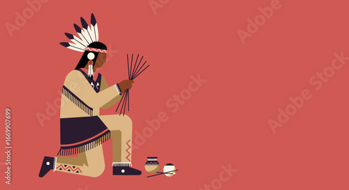 Stylized illustration of an indigenous person in traditional attire, kneeling and holding sticks, reflecting rich cultural heritage and ancestral practices.