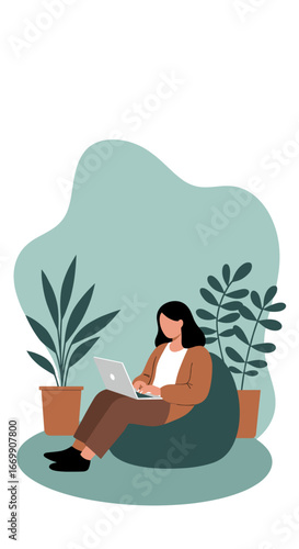 Remote work and comfortable productivity. A woman sits on a beanbag chair with a laptop, surrounded by houseplants, illustrating flexible modern workspaces.