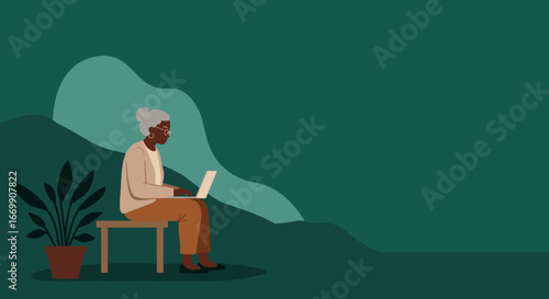 Mature Black woman engaging with technology on a laptop in a calm outdoor-like space. Concept of digital inclusion and flexible work.