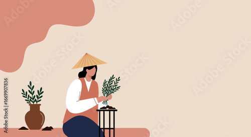 Woman in conical hat holding plants, symbolizing gardening, sustainable agriculture, and connection to nature. Ideal for lifestyle, eco-friendly, or cultural themes.