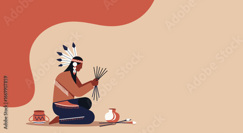 Indigenous person in traditional attire creating crafts, embodying cultural heritage and ancestral practices. Perfect for themes of tradition, art, and community.