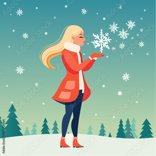 Beautiful blonde woman puffing snow flakes in winter fur