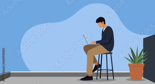 Young man focused on his laptop, working remotely on a modern balcony. Represents freelance, flexible work, and modern lifestyle.