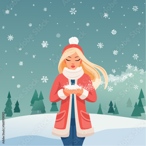 Beautiful blonde woman puffing snow flakes in winter fur