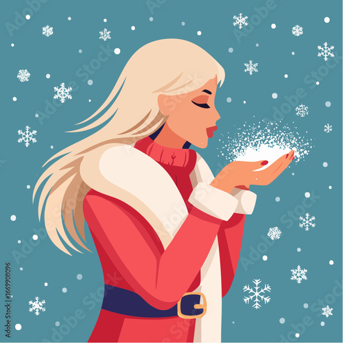 Beautiful blonde woman puffing snow flakes in winter fur