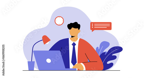 Professional man working diligently on a laptop at a desk, representing productivity, remote work, online business, and effective communication.