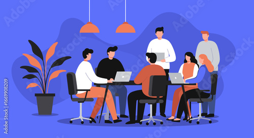 A team of professionals collaborates in a modern office meeting, discussing ideas and working on laptops. Ideal for business, teamwork, and communication concepts.