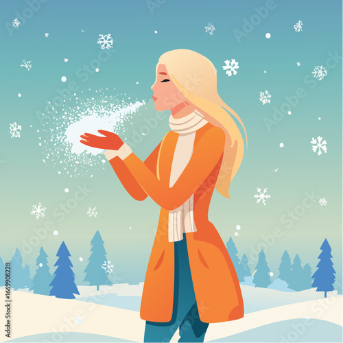 Beautiful blonde woman puffing snow flakes in winter fur