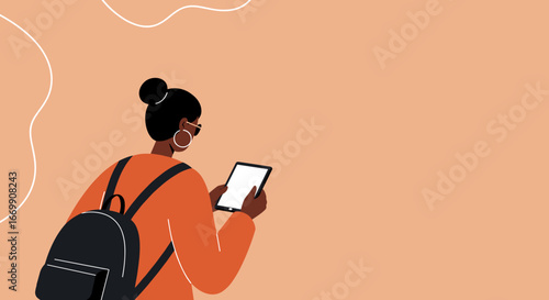 Young person with a backpack using a tablet, representing modern education, digital learning, and connectivity on a journey or daily life.