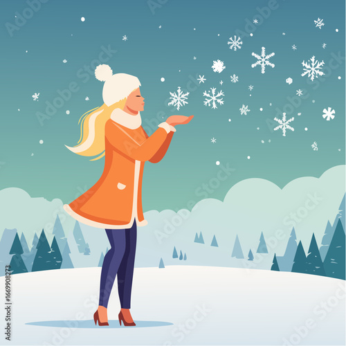 Beautiful blonde woman puffing snow flakes in winter fur