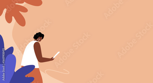 Abstract illustration of a stylish Black woman engaging with her smartphone. Perfect for concepts of digital communication, technology, and contemporary lifestyle.