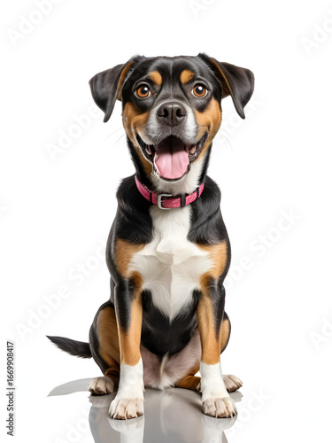 Whimsical digital depicting an irate and astounded dog with a furrowed brow and wide open eyes sitting on a clear transparent surface and conveying a jovial and playful countenance