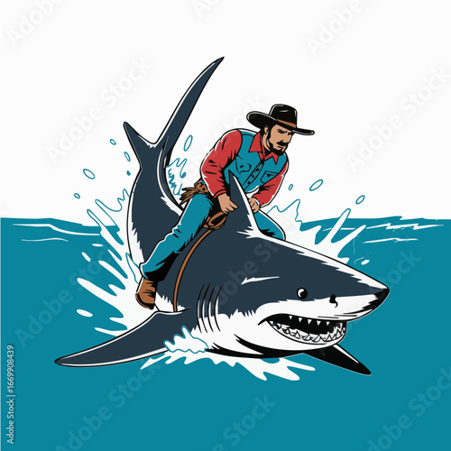 Cowboy illustration of fish rodeo scene koi shark for art poster t-shirt graphic