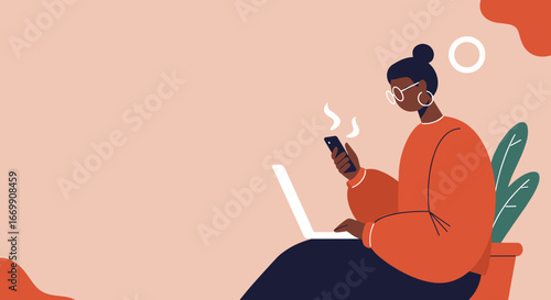 Woman seamlessly blends work and communication, using a laptop and smartphone in a relaxed, productive digital lifestyle.