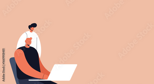 Two colleagues collaborating on a laptop in a modern office setting. Represents teamwork, online learning, or shared digital tasks. Ideal for business concepts.