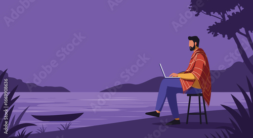 Man working on a laptop by a serene lake at twilight, embodying a remote work and digital nomad lifestyle. Flexible productivity in a tranquil natural setting.