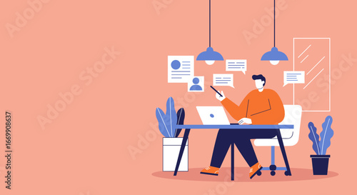 Man working remotely on a laptop and smartphone, engaging in online communication and digital collaboration in a modern home office setting.