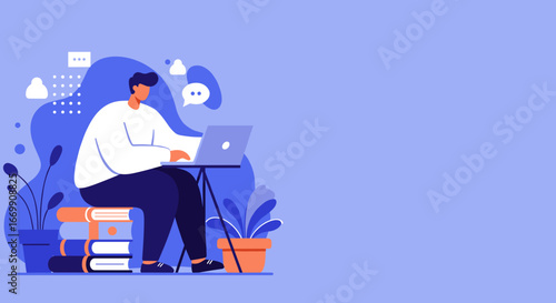 Young man focused on working remotely or studying online with his laptop, surrounded by books and plants in a modern digital workspace.
