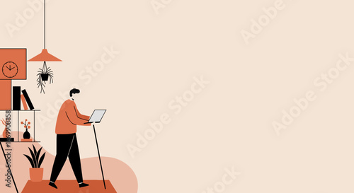A person works on a laptop at a standing desk in a modern home office, symbolizing remote work, productivity, and a balanced lifestyle. Ideal for business and technology themes.