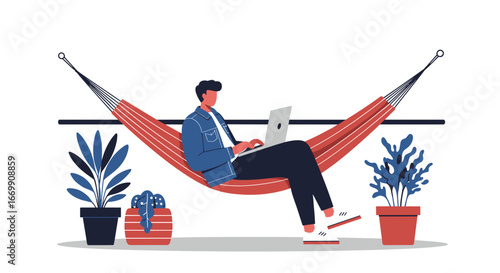 Man working on a laptop from a comfortable hammock surrounded by potted plants, illustrating remote work, relaxation, and modern lifestyle balance.