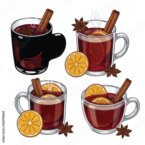 A collection of four illustrated mugs of hot mulled wine with cinnamon star anise and orange slices.