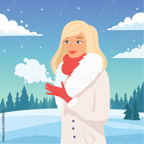 Beautiful blonde woman in white fur puffing.