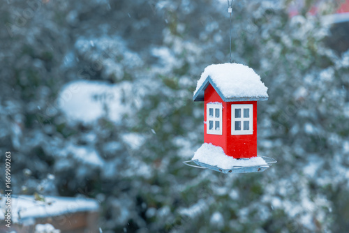decorative house hanging single object in garden cold winter blurred background nature bokeh effect December season month time wallpaper concept with empty copy space for text