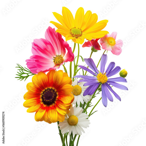 and keyword list based on the image.. Assorted Wildflowers Blooming in a Colorful Bouquet on a Dark Background