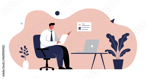 Businessman working diligently in a modern office, reviewing documents and using a laptop. Represents productivity, remote work, and professional analysis.