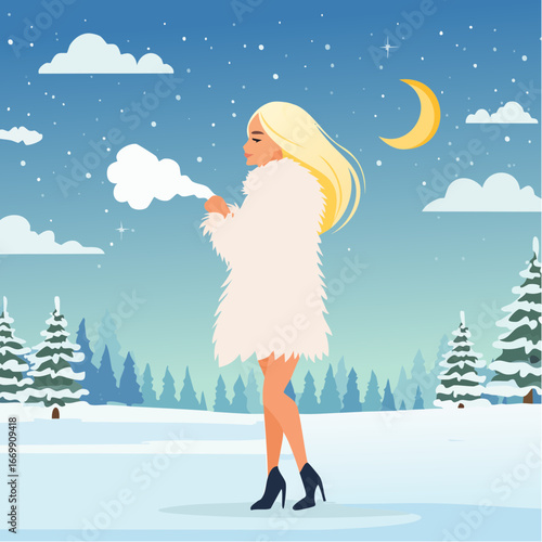 Beautiful blonde woman in white fur puffing.