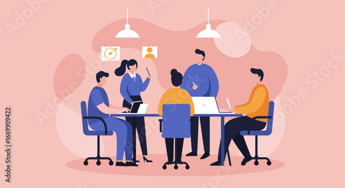 Diverse business team collaborating in a modern office meeting, discussing strategy, data, and user experience. Ideal for teamwork, productivity, and professional development concepts.