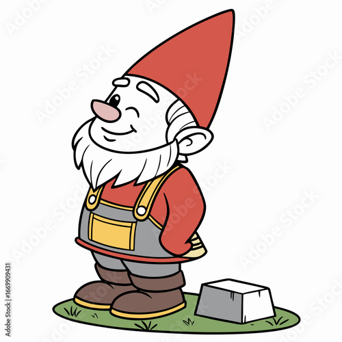 Cheerful garden gnome with a red hat and overalls standing on grass character fantasy