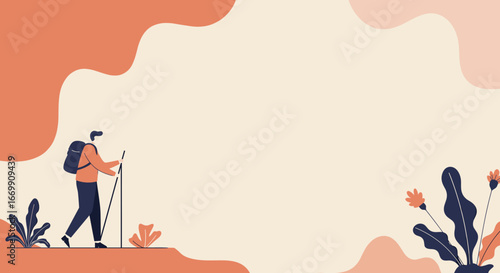 Minimalist illustration of a person hiking with a backpack and poles in a stylized natural landscape, perfect for travel and adventure themes.