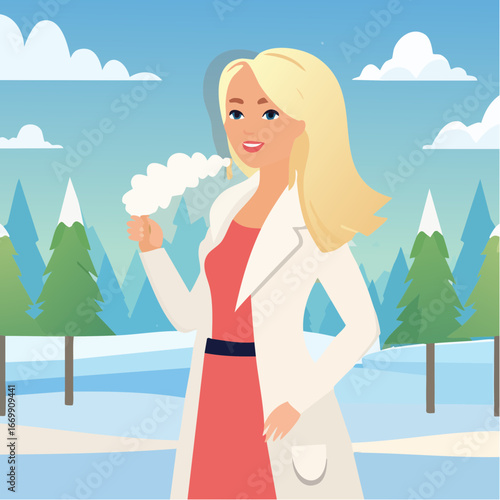 Beautiful blonde woman in white fur puffing.