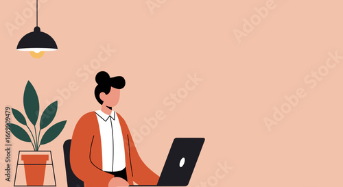 Focused individual working remotely on a laptop in a modern home office setting with a plant and lamp. Ideal for business, freelance, and online education concepts.