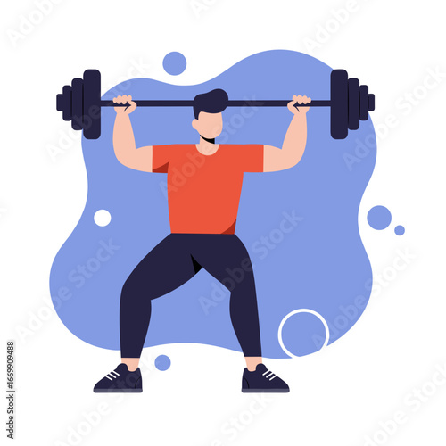 A determined man lifts a heavy barbell over his head, demonstrating strength and commitment to fitness. Ideal for promoting health, exercise, and an active lifestyle.