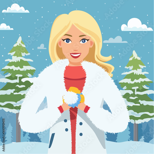 Beautiful blonde woman in white fur puffing.