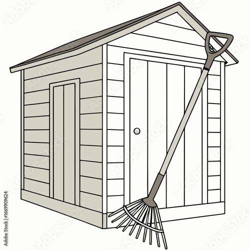 Garden Shed with Rake on White Background storage building