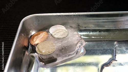  A time-lapse video showing the thawing of frozen currencies from various countries.A metaphor for the lifting of sanctions, the release of assets and frozen funds, economic recovery,,.