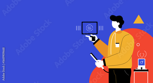 Person engaging with modern technology, using a tablet and smart device to visualize data or control systems. Concept of innovation, research, and future tech.