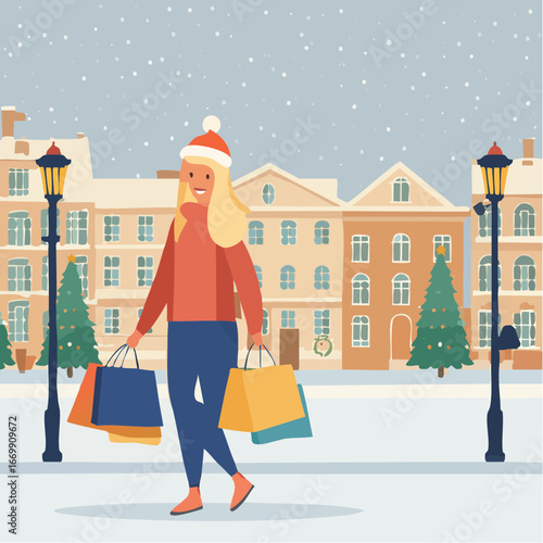 Beautiful blonde girl doing Christmas winter shopping
