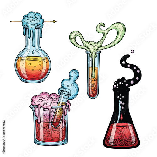 A colorful handdrawn set of four magical alchemy potion bottles flasks and beakers.