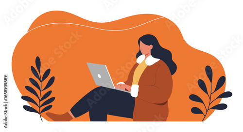 Young woman focused on her laptop, working remotely in a cozy, natural-inspired setting. Ideal for themes of productivity, freelance work, and modern digital lifestyle.