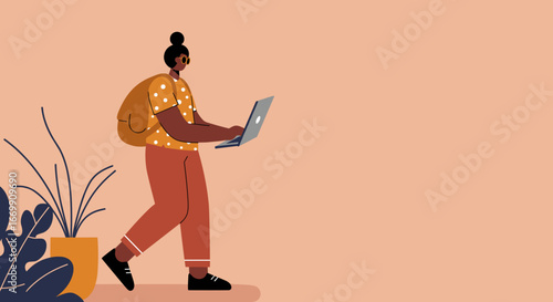 Illustration of a person walking with a laptop and backpack, embodying remote work, flexible learning, and modern digital nomadic lifestyles or travel.