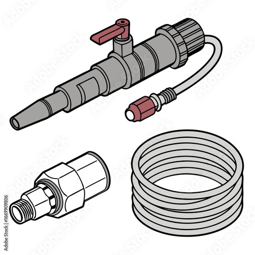 Hose Nozzle Connector and Coil of Hose Illustration on White Background spray nozzle garden hose