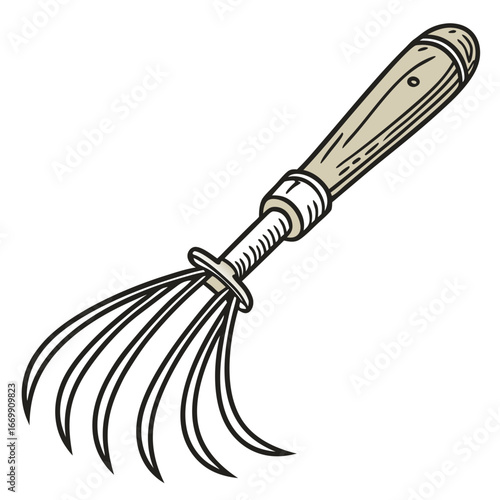 Illustration of a garden cultivator tool with a wooden handle and metal tines on a white background garden tool