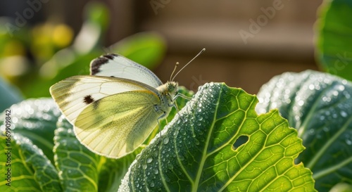 Close-up of a white butterfly on a dewy cabbage leaf