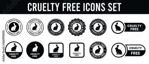 Cruelty Free icon set, label, logo, badge, symbol, line, flat vector, isolated illustration. Cruelty free not tested on animals label product packaging design. Natural, organic, Vegan eco cosmetic